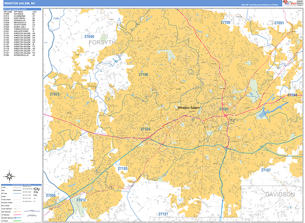 Winston Salem City Wall Map Basic Style